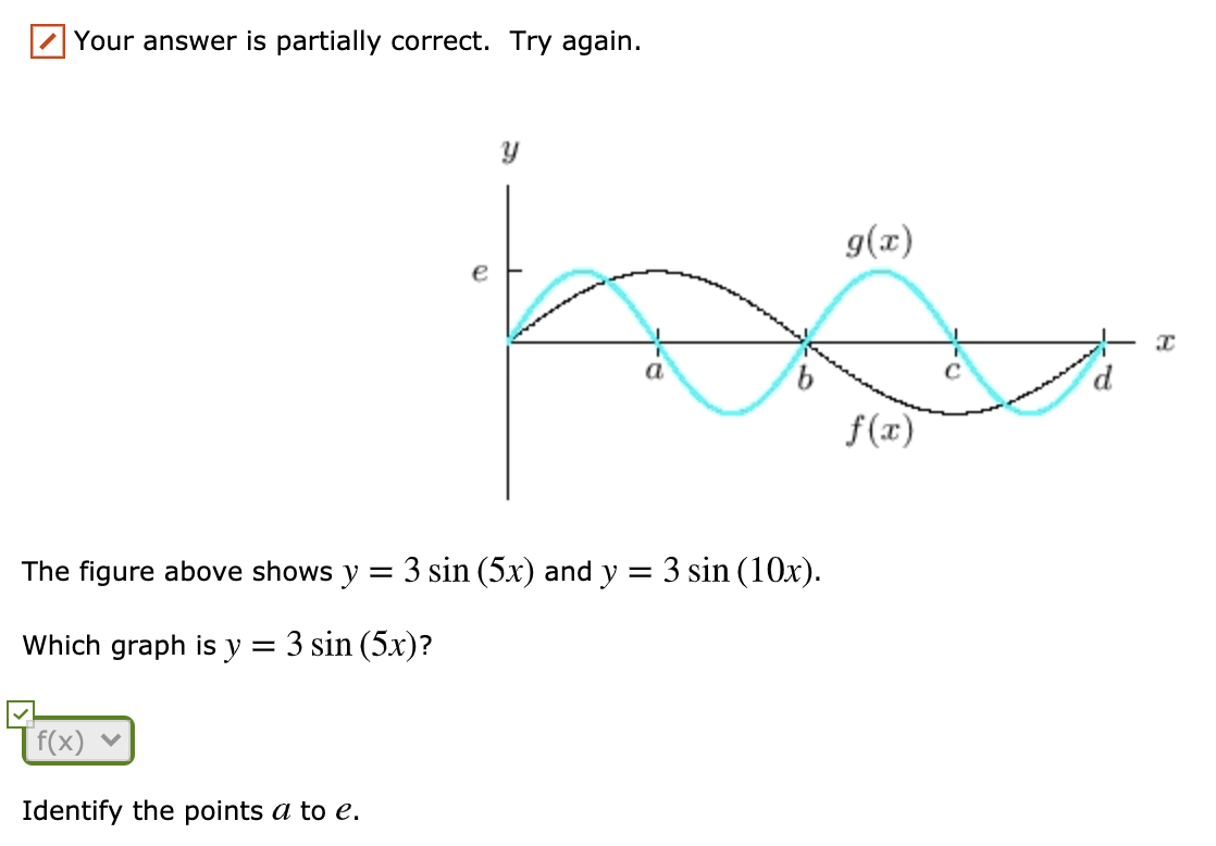 Your answer is partially correct. Try again.
g(x)
f(x)
The figure above shows y
3 sin (5x) and y =
3 sin (10x).
Which graph is y = 3 sin (5x)?
f(x)
Identify the points a to e.
