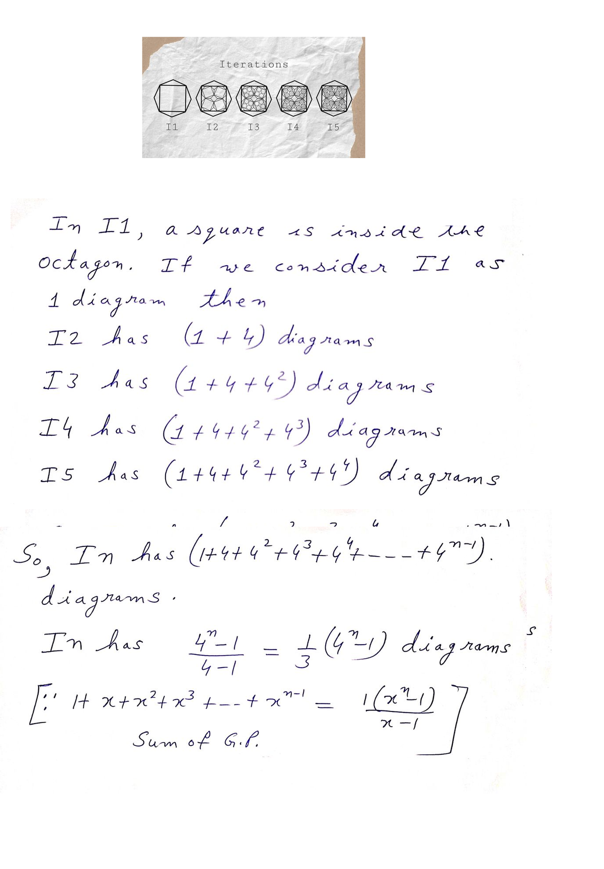 Iterations
11
12
I 3
a
In I1, а одиале
Octagon. If
we consider I1
1 diagram then
12 has (1 + 4) diagrams
I3 has (1+4+4²2) diagrams
14 has (1+4+4² +43) diagrams
IS has (1+4+4² +4² +4²") diagrams
4
1
3
So, In has (1+4+4² +4² +4 4 - - + m²).
diagrams.
In has 4-1
n
— (4²_1) diagrams
=
3
2-1
B
It x+x² + x³ +--+x
1(x²-1)
x-1
Sum of G.P.
O
14
I5
is inside the
as