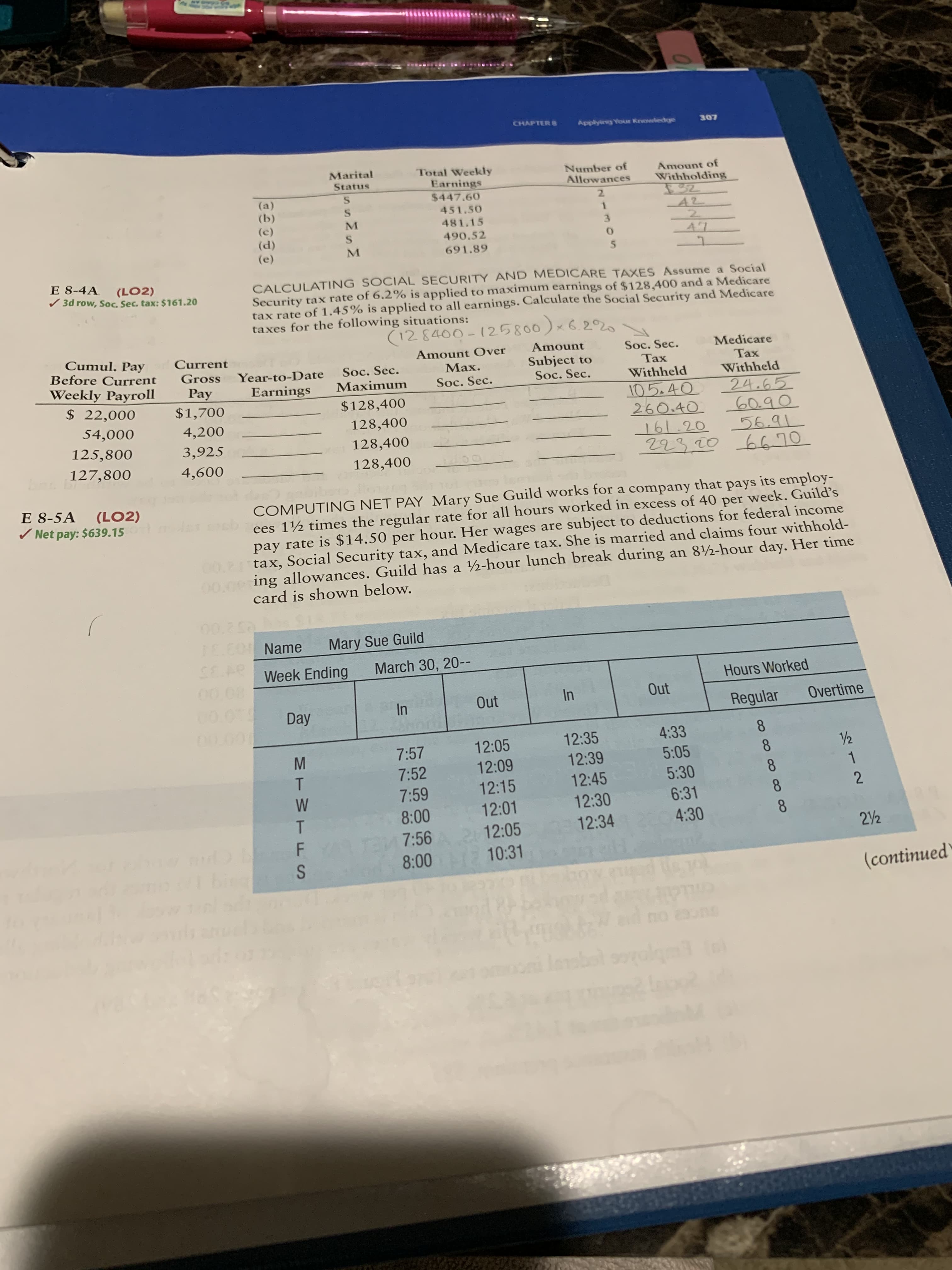 CHAPTER 8
Applying Youn Knowledge
307
Marital
Total Weekly
Earnings
$447.60
Number of
Allowances
Amount of
Withholding
Status
(a)
(b)
(c)
(d)
2.
451.50
M.
481.15
490.52
2.
(e)
691.89
E 8-4A
/ 3d row, Soc. Sec. tax: $161.20
(LO2)
CALCULATING SOCIAL SECURITY AND MEDICARE TAXES Assume a Social
Security tax rate of 6.2% is applied to maximum earnings of $128,400 and a Medicare
tax rate of 1.45% is applied to all earnings. Calculate the Social Security and Medicare
taxes for the following situations:
(128400-125800)x6.22
Cumul. Pay
Before Current
Current
Amount COver
Amount
Medicare
Soc. Sec.
Тах
Subject to
Soc. Sec.
Gross
Soc. Sec.
Maximum
Year-to-Date
Max.
Тах
Weekly Payroll
$ 22,000
Withheld
Withheld
Pay
$1,700
Earnings
Soc. Sec.
105.40
260.40
161.20
223.20 6670
24.65
60.90
56.91
$128,400
54,000
4,200
128,400
125,800
3,925
128,400
127,800
4,600
128,400
nig
COMPUTING NET PAY Mary Sue Guild works for a company that pays its employ-
ees 1½ times the regular rate for all hours worked in excess of 40 per week. Guild’s
pay rate is $14.50 per hour. Her wages are subject to deductions for federal income
00.21 tax, Social Security tax, and Medicare tax. She is married and claims four withhold-
000ing allowances. Guild has a 2-hour lunch break during an 8½-hour day. Her time
E 8-5A
/ Net pay: $639.15
(LO2)
card is shown below.
00.2
LC0Name
Mary Sue Guild
Week Ending
March 30, 20--
00.08
Hours Worked
00
In
Out
In
Out
Day
Regular
Overtime
00.001
12:35
4:33
8.
7:57
12:05
7:52
12:09
12:39
5:05
12:15
12:45
5:30
7:59
12:30
6:31
8.
8:00
12:01
12:34
4:30
8.
7:56A 2 12:05
22
8:00 10:31
bieg
(continued
d no onS
olge
MTWTES
