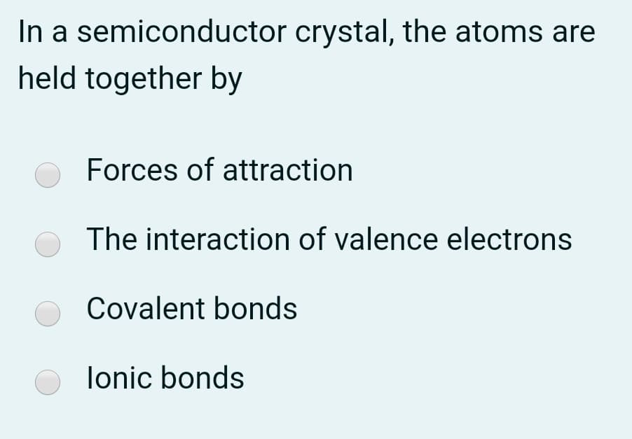 In a semiconductor crystal, the atoms are
held together by
Forces of attraction
The interaction of valence electrons
Covalent bonds
lonic bonds
