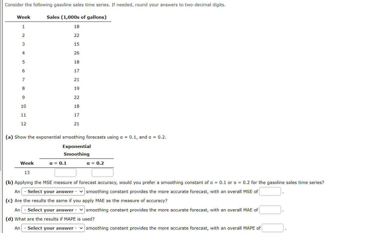 Consider the following gasoline sales time series. If needed, round your answers to two-decimal digits.
Sales (1,000s of gallons)
Week
1
2
3
4
5
6
7
8
9
10
11
12
18
22
15
26
18
17
21
19
22
18
17
21
a = 0.1
3
(a) Show the exponential smoothing forecasts using a = 0.1, and a = 0.2.
Exponential
Smoothing
Week
13
(b) Applying the MSE measure of forecast accuracy, would you prefer a smoothing constant of a = 0.1 or a = 0.2 for the gasoline sales time series?
An Select your answer ✓ smoothing constant provides the more accurate forecast, with an overall MSE of
(c) Are the results the same if you apply MAE as the measure of accuracy?
An Select your answer-smoothing constant provides the more accurate forecast, with an overall MAE of
(d) What are the results if MAPE is used?
An Select your answer-smoothing constant provides the more accurate forecast, with an overall MAPE of
a = 0.2