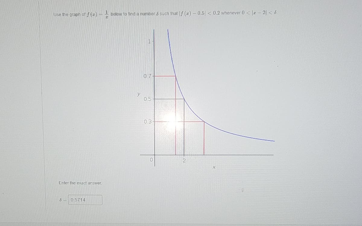 Use the graph of f(z) - - below to find a number & such that f(z)-0.5| < 0.2 whenever 0 < |z2|< 8.
Enter the exact answer.
8 = 0.5714
0.7
0.5-
0.3
0