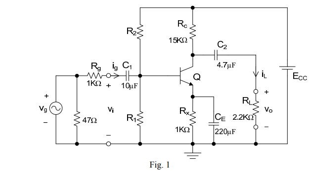 +
Vg
I
Rg ig C₁
mo
1KQ2 +
4792
R₂
Vi
10μF
R₁2
200
Fig. 1
Rc
15ΚΩ
www
Rx
1ΚΩ
C₂
HH
4.7μF
RL
CE 2.2K
220μF
İL
Vo
Ecc