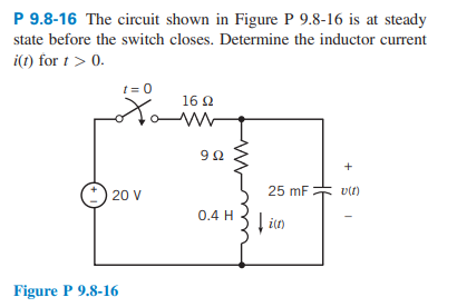 P 9.8-16 The circuit shown in Figure P 9.8-16 is at steady
state before the switch closes. Determine the inductor current
i(t) for t > 0.
t=0
16 92
Ω
Xom
20 V
Figure P 9.8-16
9Ω
0.4 H
25 mF
i(n)
+
v(1)