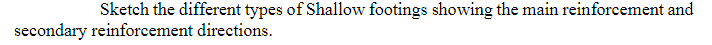 Sketch the different types of Shallow footings showing the main reinforcement and
secondary reinforcement directions.
