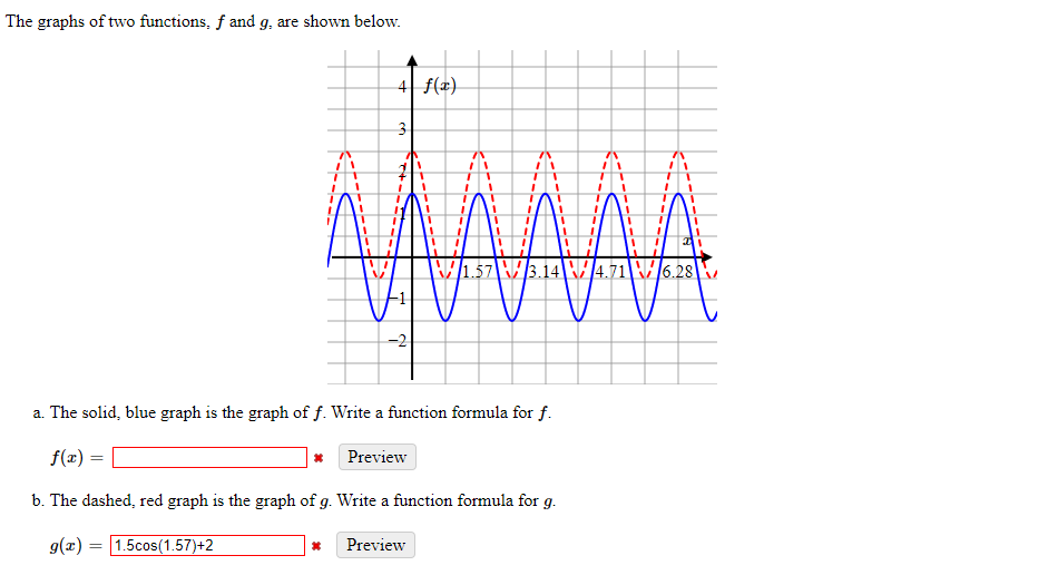 The graphs of two functions, f and g, are shown below.
4 f(x)
V1.57 V3.14V4.71V6.28v
-2
a. The solid, blue graph is the graph of f. Write a function formula for f.
f(x)
|* Preview
b. The dashed, red graph is the graph of g. Write a function formula for g.
g(x) = 1.5cos(1.57)+2
Preview
其
