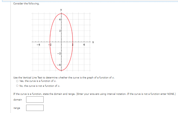 Consider the following.
y
4
2
-4
-2
4
-2
-4
Use the Vertical Line Test to determine whether the curve is the graph of a function of x.
O Ves, the curve is a function of x.
O No, the curve is not a function of x.
If the curve is a function, state the domain and range. (Enter your answers using interval notation. If the curve is not a function enter NONE.)
domain
range
