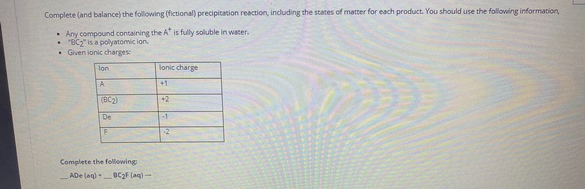 Complete (and balance) the following (fictional) precipitation reaction, including the states of matter for each product. You should use the following information,
+.
Any compound containing the A" is fully soluble in water.
"BC2" is a polyatomic ion.
• Given ionic charges:
lon
lonic charge
A
+1
券
(BC2)
+2
形
De
-1
-2
Complete the following:
ADe (aq) +BC2F (aq) -
