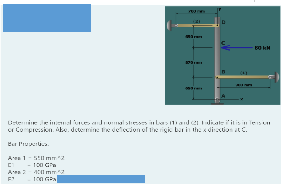 700 mm
(2)
650 mm
80 kN
870 mm
(1)
900 mm
650 mm
Determine the internal forces and normal stresses in bars (1) and (2). Indicate if it is in Tension
or Compression. Also, determine the deflection of the rigid bar in the x direction at C.
Bar Properties:
Area 1 = 550 mm^2
E1
= 100 GPa
Area 2 = 400 mm^2
= 100 GPa
E2
