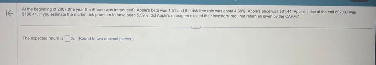 K
At the beginning of 2007 (the year the iPhone was introduced), Apple's beta was 1.51 and the risk-free rate was about 4.69%. Apple's price was $81.44. Apple's price at the end of 2007 was
$190.41. If you estimate the market risk premium to have been 5.59%, did Apple's managers exceed their investors' required return as given by the CAPM?
The expected return is
%. (Round to two decimal places.)