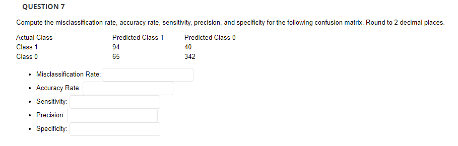 QUESTION 7
Compute the misclassification rate, accuracy rate, sensitivity, precision, and specificity for the following confusion matrix. Round to 2 decimal places.
Actual Class
Predicted Class 1
Predicted Class 0
Class 1
94
40
Class 0
65
342
• Misclassification Rate:
Accuracy Rate:
• Sensitivity:
Precision:
Specificity:
