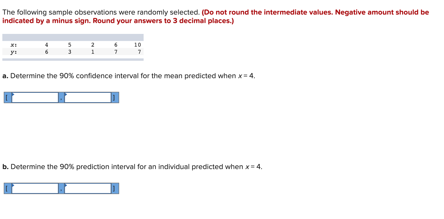 The following sample observations were randomly selected. (Do not round the intermediate values. Negative amount should be
indicated by a minus sign. Round your answers to 3 decimal places.)
х:
4
2
10
y:
3
1
7
7
a. Determine the 90% confidence interval for the mean predicted when x = 4.
b. Determine the 90% prediction interval for an individual predicted when x = 4.
