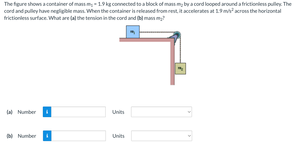 The figure shows a container of mass m₁ = 1.9 kg connected to a block of mass m₂ by a cord looped around a frictionless pulley. The
cord and pulley have negligible mass. When the container is released from rest, it accelerates at 1.9 m/s² across the horizontal
frictionless surface. What are (a) the tension in the cord and (b) mass m₂?
(a) Number i
(b) Number
Units
Units
m₁
mą