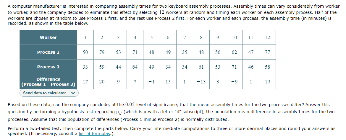 A computer manufacturer is interested in comparing assembly times for two keyboard assembly processes. Assembly times can vary considerably from worker
to worker, and the company decides to eliminate this effect by selecting 12 workers at random and timing each worker on each assembly process. Half of the
workers are chosen at random to use Process 1 first, and the rest use Process 2 first. For each worker and each process, the assembly time (in minutes) is
recorded, as shown in the table below.
Worker
Process 1
Process 2
Difference
(Process 1 - Process 2)
Send data to calculator
50
33
17
2
79
59
20
3
53
44
9
4
71
64
7
5
48
49
6
49
34
-1 15
35
34
8
48 56
61
9
1 -13
53
3
10
62
71
-9
11
47
46
1
12
77
58
19
Based on these data, can the company conclude, at the 0.05 level of significance, that the mean assembly times for the two processes differ? Answer this
question by performing a hypothesis test regarding μd (which is u with a letter "d" subscript), the population mean difference in assembly times for the two
processes. Assume that this population of differences (Process 1 minus Process 2) is normally distributed.
Perform a two-tailed test. Then complete the parts below. Carry your intermediate computations to three or more decimal places and round your answers as
specified. (If necessary, consult a list of formulas.)