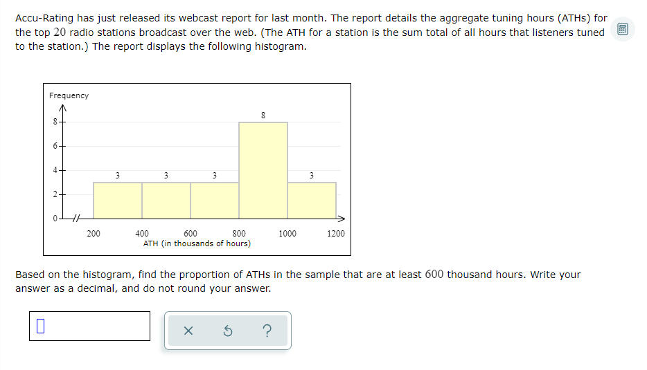 Accu-Rating has just released its webcast report for last month. The report details the aggregate tuning hours (ATHS) for
the top 20 radio stations broadcast over the web. (The ATH for a station is the sum total of all hours that listeners tuned
to the station.) The report displays the following histogram.
Frequency
8-
6+
2+
H
200
3
3
3
400
600
800
ATH (in thousands of hours)
X
8
Ś
1000
Based on the histogram, find the proportion of ATHS in the sample that are at least 600 thousand hours. Write your
answer as a decimal, and do not round your answer.
0
?
3
1200