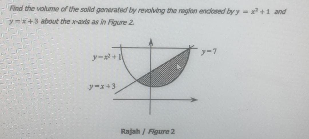 Find the volume of the solid generated by revolving the region enclosed by y = x2 +1 and
%3D
y=x +3 about the x-axis as in Figure 2.
y=7
y=x2+1
y=x+3
Rajah / Figure 2
