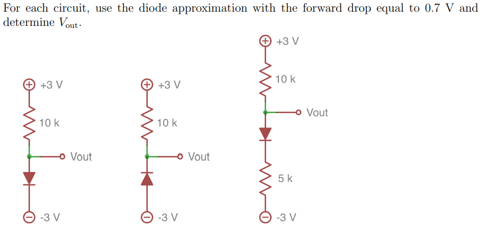 For each circuit, use the diode approximation with the forward drop equal to 0.7 V and
determine Vout.
+3 V
10 k
- Vout
-3 V
++3 V
10 k
- Vout
-3 V
++3 V
10 k
5 k
-3 V
Vout