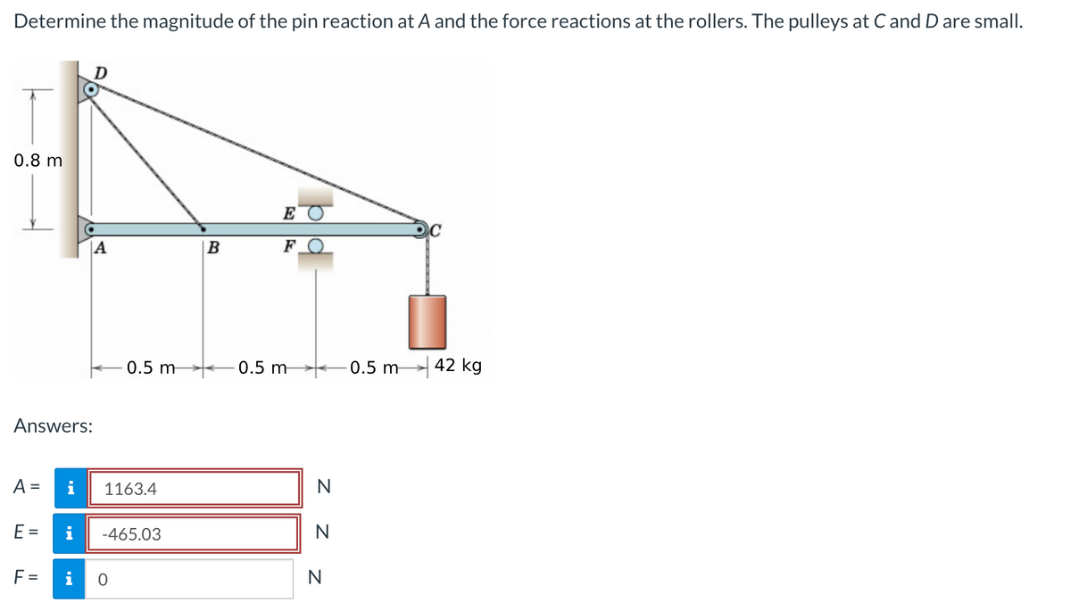 Determine the magnitude of the pin reaction at A and the force reactions at the rollers. The pulleys at C and D are small.
0.8 m
Answers:
A =
E =
F=
i
IN
A
0.5 m
1163.4
-465.03
0
B
EO
F
0.5 m
ΖΖΖ
N
N
N
0.5 m 42 kg