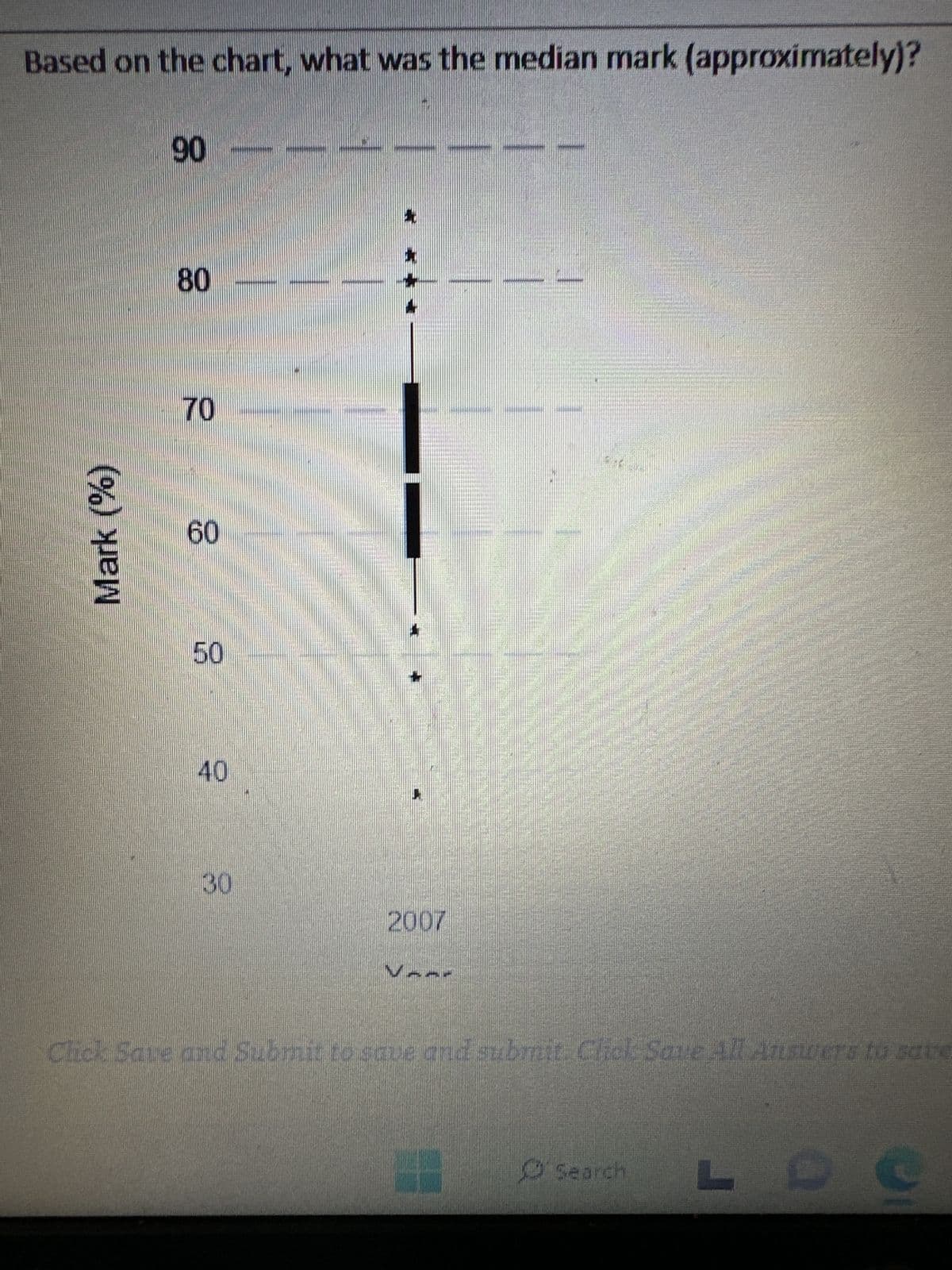 Based on the chart, what was the median mark (approximately)?
Mark (%)
90
80
70
60
50
40
30
2007
Mar
1920
Click Save and Submit to save and submit. Click Save All Answers to save
H
Search L