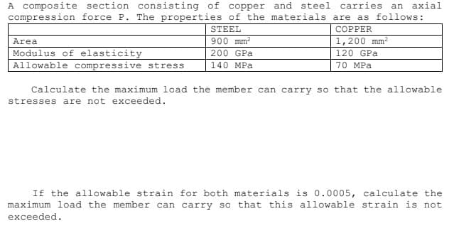 section consisting of copper and steel carries
compression force P. The properties of the materials are as follows:
A composite
an axial
STEEL
COPPER
Area
900 mm?
1,200 mm2
Modulus of elasticity
200 GPa
120 GPa
Allowable compressive stress
140 MPa
70 MPa
Calculate the maximum load the member can carry so that the allowable
stresses are not exceeded.
If the allowable strain for both materials is 0.0005, calculate the
maximum load the member can carry so that this allowable strain is not
exceeded.
