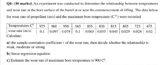 Q4: (10 marks)) An experiment was conducted to determine the relationship between temperatures
and wear rate at the hore surface of the barrel at or near the commencement of rifling. The data below
for wear rate of propellant (m/s) and the maximum bore temperature (Cº) were recorded
Temperatures C 975 960 950 965 855 830 815 805 725 675
wear rate (m/s) 0.1 0.097 0.078 0.1 0.065 0.055 0.045 0,029 0.028 0.02
Calculate:
a) the sample correlation coefficient r of the wear rate, then decide whether the relationship is
weak, moderate or strong
b) linear regression equation
c) Estimate the wear rate if maximum bore temperature is 900 Cº.