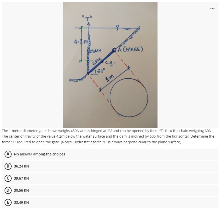 4.2m
SCHAIN
A CHINGE)
GATE
c.g.
1m
The 1 meter diameter gate shown weighs 450N and is hinged at "A" and can be opened by force "T" thru the chain weighing 60N.
The center of gravity of the valve 4.2m below the water surface and the dam is inclined by 600 from the horizontal. Determine the
force "T" required to open the gate. (Notes: Hydrostatic force "F" is always perpendicular to the plane surface)
A No answer among the choices
B) 36.24 KN
(c) 39.67 KN
(D) 30.56 KN
(E) 33.49 KN
