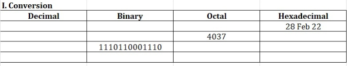 I. Conversion
Decimal
Binary
Octal
Hexadecimal
28 Feb 22
4037
1110110001110
