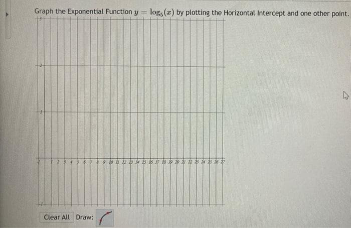 Graph the Exponential Function y
log, (x) by plotting the Horizontal Intercept and one other point.
Clear All Draw:
