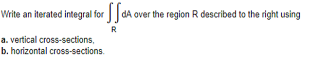 Write an iterated integral for dA over the region R described to the right using
R
a. vertical cross-sections,
b. horizontal cross-sections.