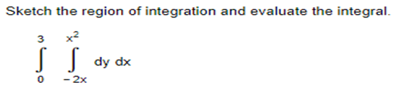 Sketch the region of integration and evaluate the integral.
3 x²
S S
- 2x
dy dx