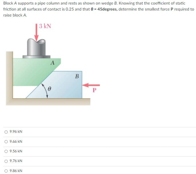 Block A supports a pipe column and rests as shown on wedge B. Knowing that the coefficient of static
friction at all surfaces of contact is 0.25 and that e = 45degrees, determine the smallest force P required to
raise block A.
3 kN
В
P
9.96 kN
O 9.66 kN
9.56 kN
O 9.76 kN
O 9.86 kN
