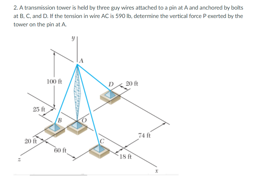 2. A transmission tower is held by three guy wires attached to a pin at A and anchored by bolts
at B, C, and D. If the tension in wire AC is 590 Ib, determine the vertical force P exerted by the
tower on the pin at A.
100 ft
D
20 ft
25 ft
B
74 ft
20 ft
60 ft
18 ft
