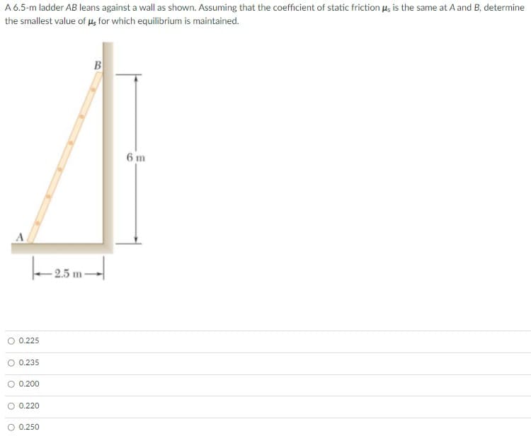 A 6.5-m ladder AB leans against a wall as shown. Assuming that the coefficient of static friction u, is the same at A and B, determine
the smallest value of Hs for which equilibrium is maintained.
B
6 m
A
2.5 m-
O 0.225
O 0.235
O 0.200
O 0.220
O 0.250
