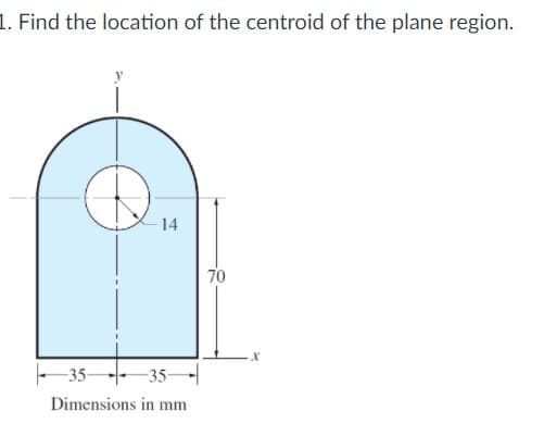 1. Find the location of the centroid of the plane region.
14
70
- 35-
-35-
Dimensions in mm
