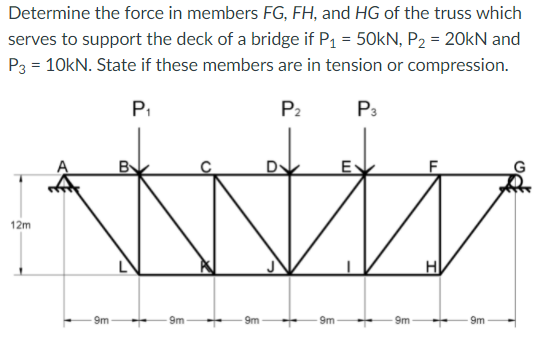 Determine the force in members FG, FH, and HG of the truss which
serves to support the deck of a bridge if P1 = 50KN, P2 = 20KN and
P3 = 10kN. State if these members are in tension or compression.
P.
P2
P3
By
E
12m
9m
9m-
9m
9m
9m
9m
