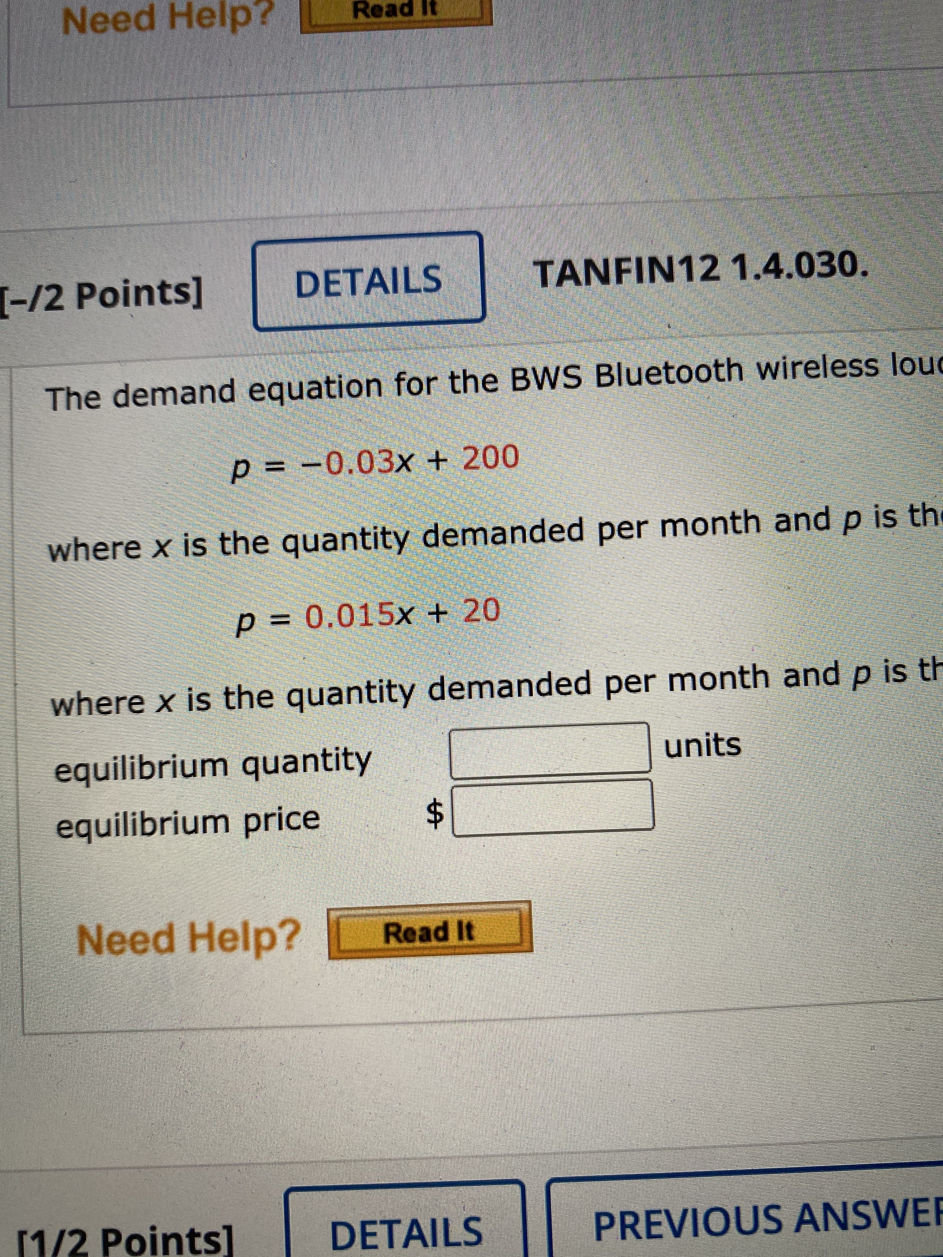 The demand equation for the BWS Bluetooth wirele
