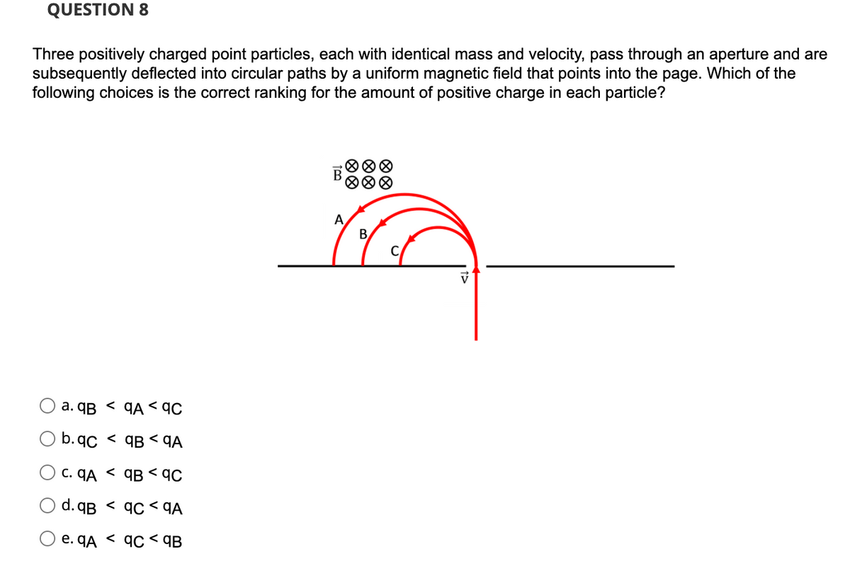 QUESTION 8
Three positively charged point particles, each with identical mass and velocity, pass through an aperture and are
subsequently deflected into circular paths by a uniform magnetic field that points into the page. Which of the
following choices is the correct ranking for the amount of positive charge in each particle?
В
A
B,
a. qB < qA <qC
O b.qc < qB < qA
C. qA < qB <qC
d. qB < 9C < qA
e. qA < qc < qB
