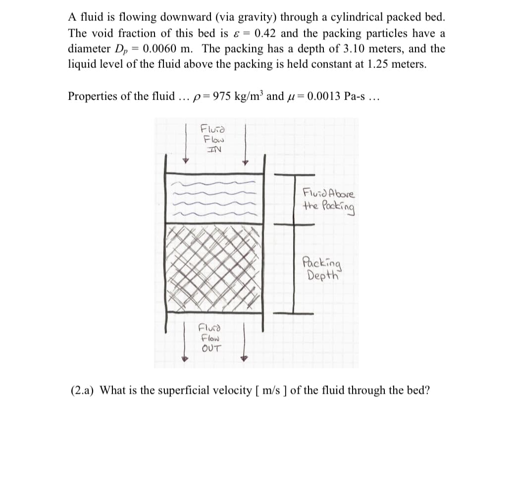 A fluid is flowing downward (via gravity) through a cylindrical packed bed.
The void fraction of this bed is ɛ = 0.42 and the packing particles have a
diameter D, = 0.0060 m. The packing has a depth of 3.10 meters, and the
liquid level of the fluid above the packing is held constant at 1.25 meters.
Properties of the fluid ... p= 975 kg/m³ and µu = 0.0013 Pa-s ...
Fluid
Flow
IN
Fluid Abore
the Packing
Packing
Depth
Flurd
Flow
OUT
(2.a) What is the superficial velocity [ m/s ] of the fluid through the bed?
