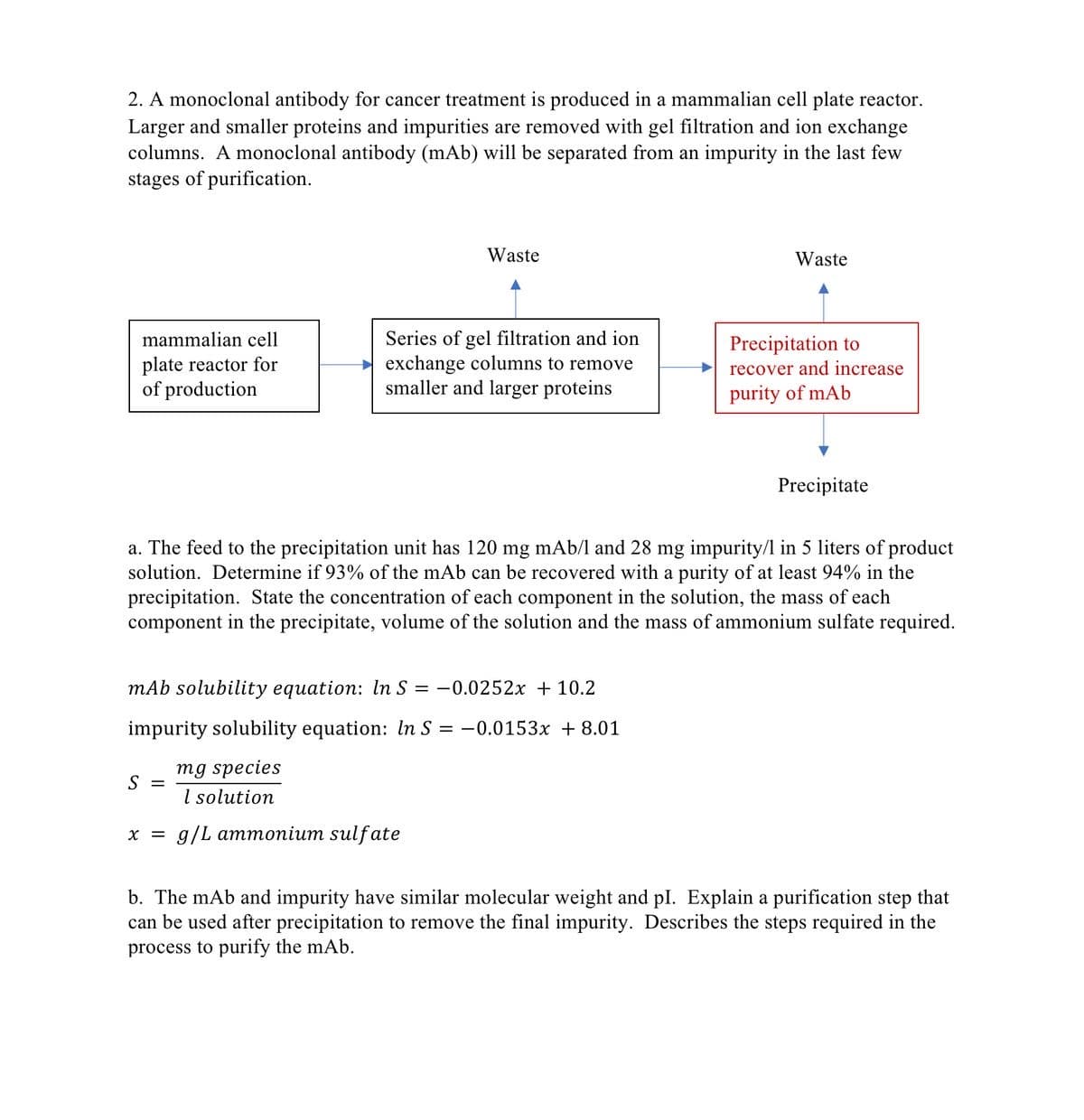 2. A monoclonal antibody for cancer treatment is produced in a mammalian cell plate reactor.
Larger and smaller proteins and impurities are removed with gel filtration and ion exchange
columns. A monoclonal antibody (mAb) will be separated from an impurity in the last few
stages of purification.
Waste
Waste
Series of gel filtration and ion
- exchange columns to remove
smaller and larger proteins
mammalian cell
Precipitation to
plate reactor for
of production
recover and increase
purity of mAb
Precipitate
a. The feed to the precipitation unit has 120 mg mAb/l and 28 mg impurity/l in 5 liters of product
solution. Determine if 93% of the mAb can be recovered with a purity of at least 94% in the
precipitation. State the concentration of each component in the solution, the mass of each
component in the precipitate, volume of the solution and the mass of ammonium sulfate required.
mAb solubility equation: In S = -0.0252x + 10.2
impurity solubility equation: In S = -0.0153x + 8.01
mg species
S =
I solution
X =
g/L ammonium sulfate
b. The mAb and impurity have similar molecular weight and pl. Explain a purification step that
can be used after precipitation to remove the final impurity. Describes the steps required in the
process to purify the mAb.
