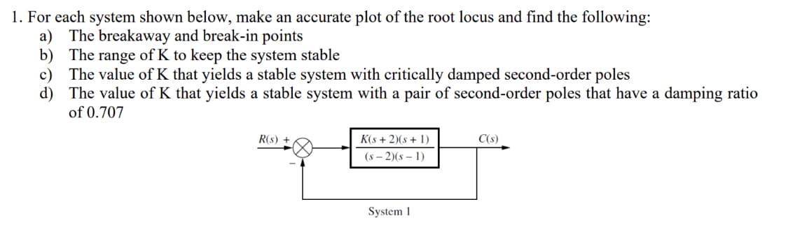 1. For each system shown below, make an accurate plot of the root locus and find the following:
a) The breakaway and break-in points
b) The range of K to keep the system stable
c) The value of K that yields a stable system with critically damped second-order poles
d)
The value of K that yields a stable system with a pair of second-order poles that have a damping ratio
of 0.707
R(s) +
K(s+ 2)(s + 1)
(S-2)(S-1)
System 1
C(s)