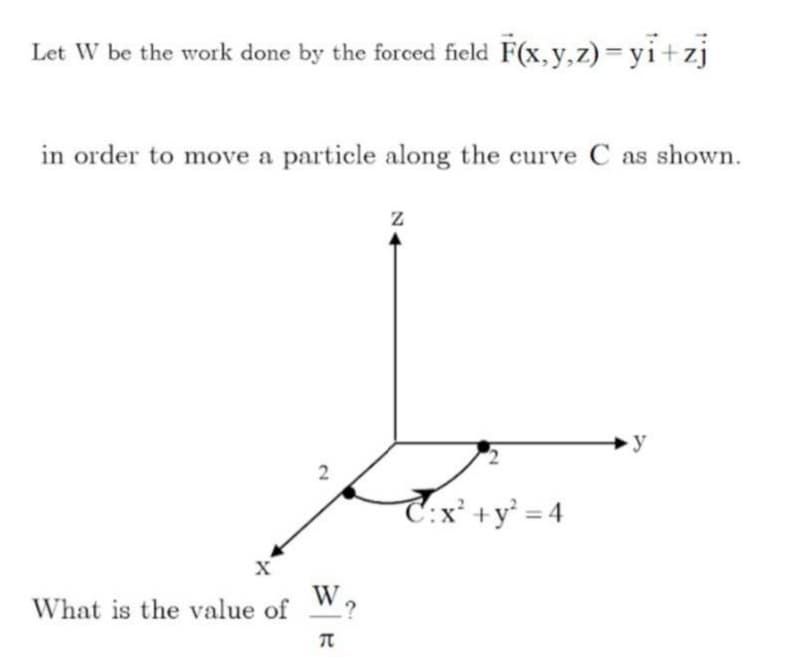 Let W be the work done by the forced field F(x, y,z) =yi+zj
in order to move a particle along the curve C as shown.
y
T:x² +y* = 4
X
What is the value of W?
