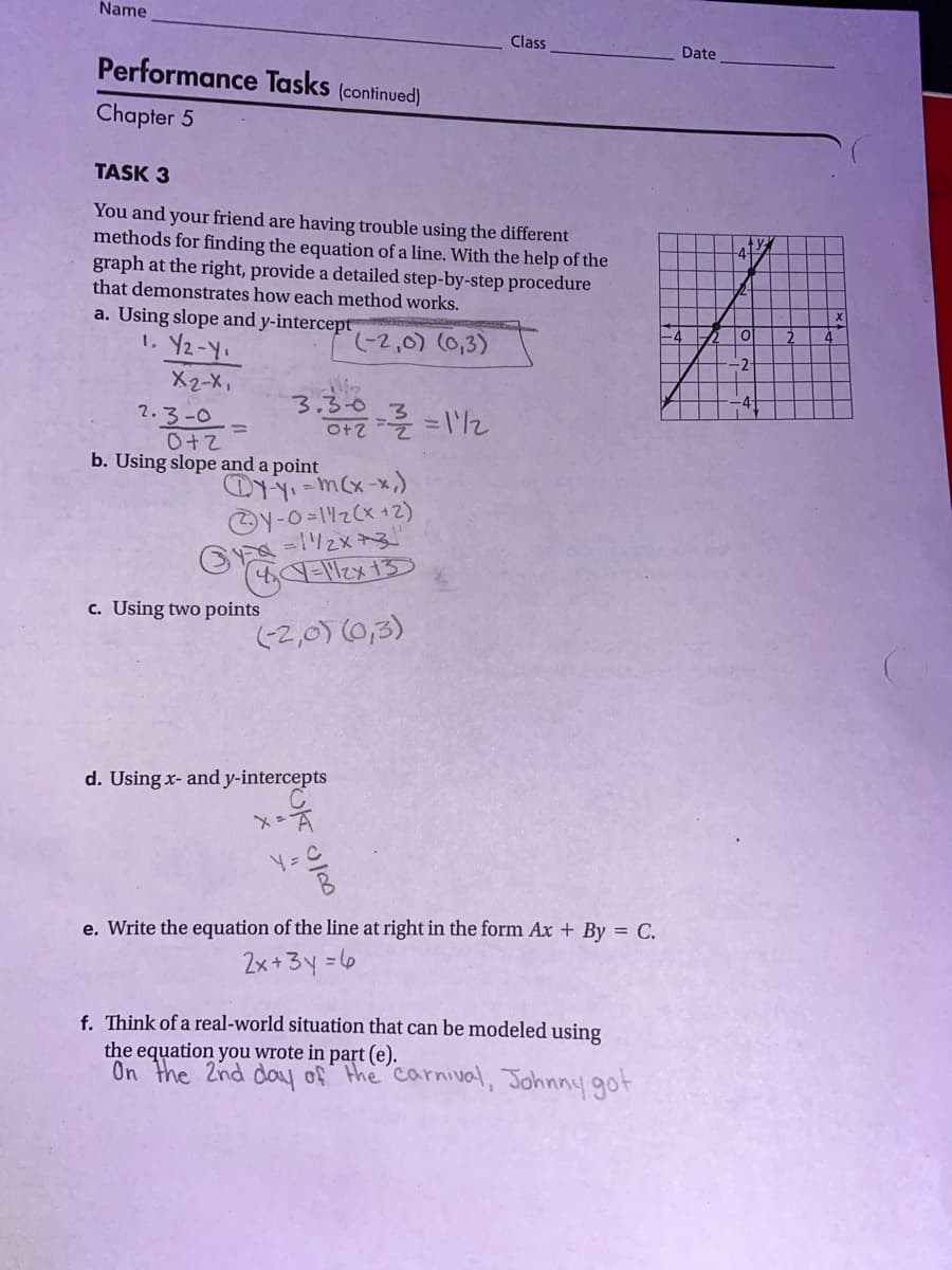 Name
Class
Date
Performance Tasks (continued)
Chapter 5
TASK 3
You and your friend are having trouble using the different
methods for finding the equation of a line. With the help of the
graph at the right, provide a detailed step-by-step procedure
that demonstrates how each method works.
a. Using slope and y-intercept
1. Y2-Y.
22,0) (0,3)
-2-
X2-X,
3.30
2.3-0
O+2
b. Using slope and a point
©Y-0=1z(x+2)
c. Using two points
(2,0) (0,3)
d. Using x- and y-intercepts
e. Write the equation of the line at right in the form Ax + By = C.
2x+3y =6
f. Think of a real-world situation that can be modeled using
the equation you wrote in part (e).
On the 2nd day of the carnival, Johnny got
