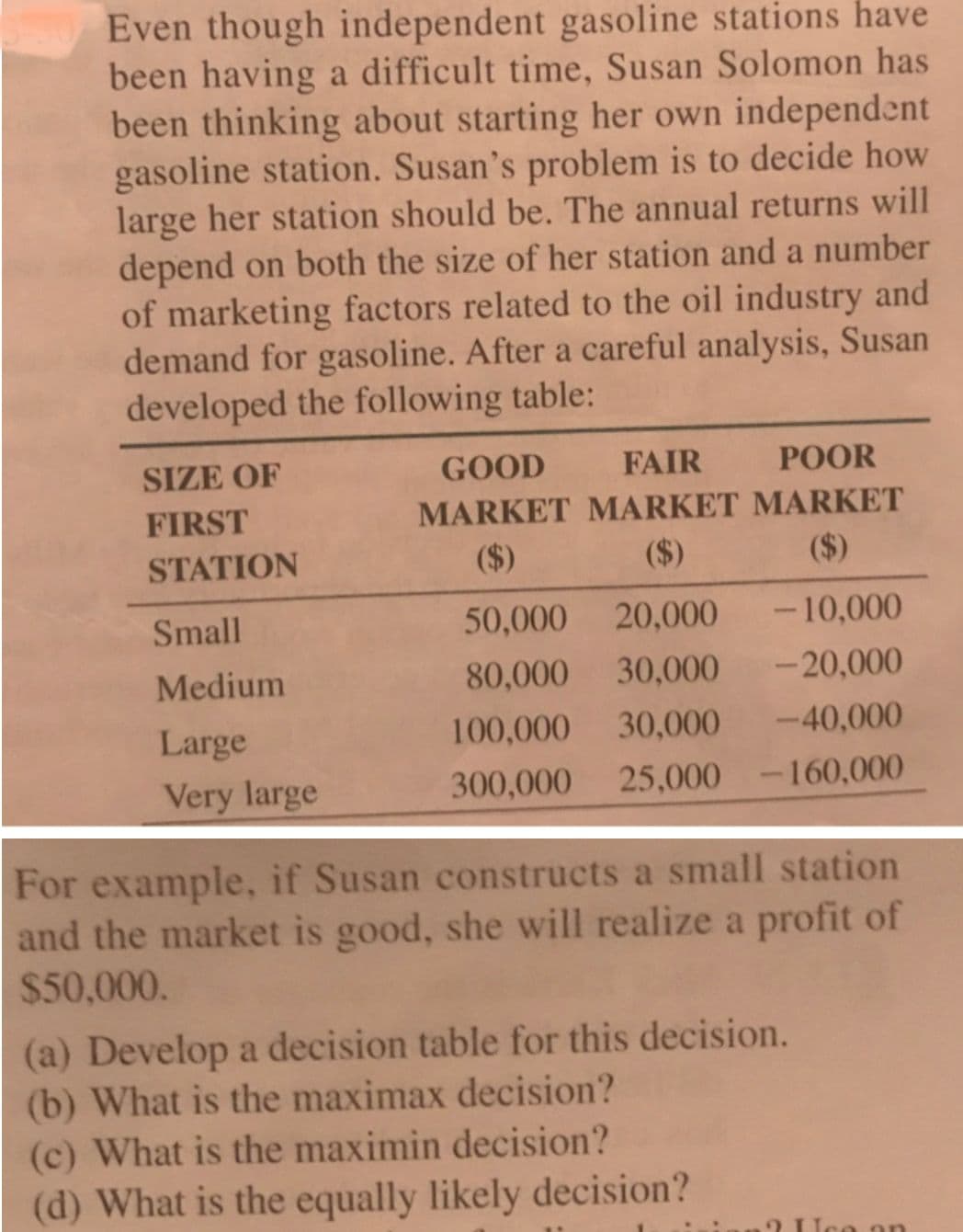 Even though independent gasoline stations have
been having a difficult time, Susan Solomon has
been thinking about starting her own independent
gasoline station. Susan's problem is to decide how
large her station should be. The annual returns will
depend on both the size of her station and a number
of marketing factors related to the oil industry and
demand for gasoline. After a careful analysis, Susan
developed the following table:
SIZE OF
FIRST
STATION
Small
Medium
Large
Very large
GOOD
FAIR
POOR
MARKET MARKET MARKET
($)
($)
($)
20,000
30,000
30,000
-10,000
-20,000
-40,000
50,000
80.000
100,000
300,000 25,000-160,000
For example, if Susan constructs a small station
and the market is good, she will realize a profit of
$50,000.
(a) Develop a decision table for this decision.
(b) What is the maximax decision?
(c) What is the maximin decision?
(d) What is the equally likely decision?
2 Ice an