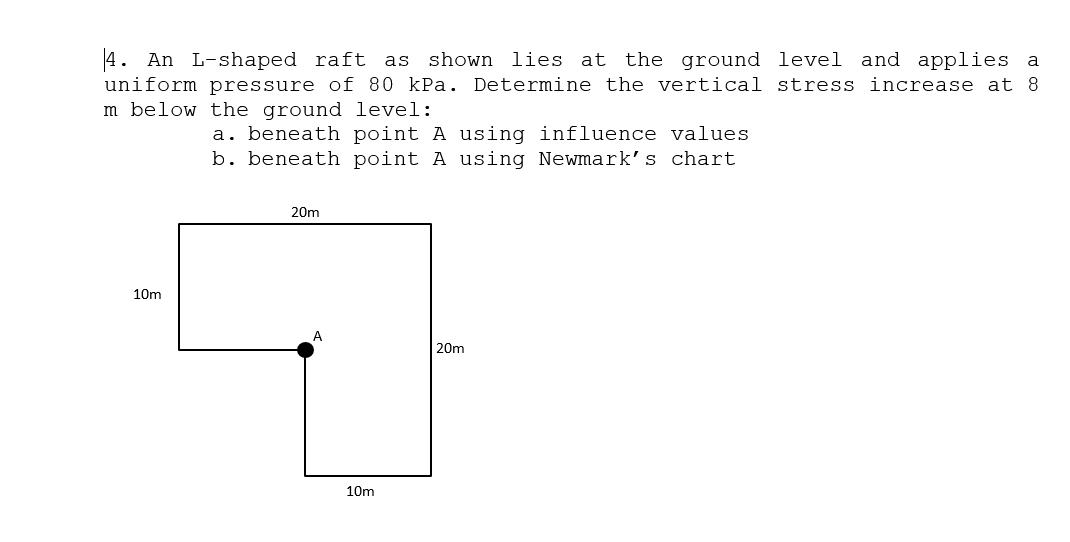 4. An L-shaped raft as
uniform pressure of 80 kPa. Determine the vertical stress increase at 8
m below the ground level:
shown lies at the ground level and applies a
a. beneath point A using influence values
b. beneath point A using Newmark's chart
20m
10m
20m
10m
