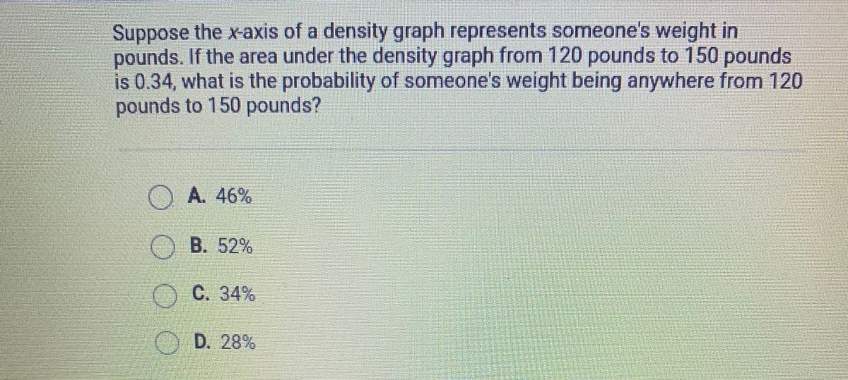 Suppose the x-axis of a density graph represents someone's weight in
pounds. If the area under the density graph from 120 pounds to 150 pounds
is 0.34, what is the probability of someone's weight being anywhere from 120
pounds to 150 pounds?
A. 46%
O B. 52%
OC. 34%
O D. 28%
