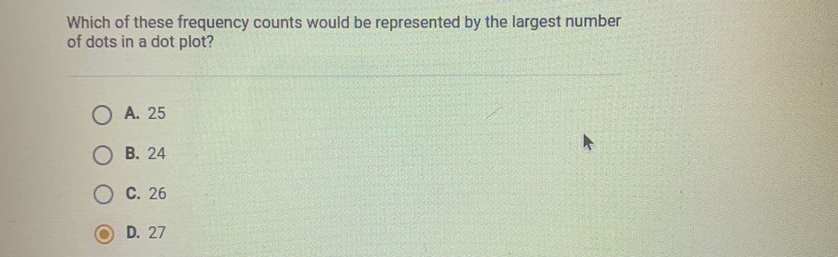 Which of these frequency counts would be represented by the largest number
of dots in a dot plot?
О А. 25
ОВ. 24
ОС. 26
D. 27
