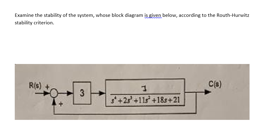 Examine the stability of the system, whose block diagram is given below, according to the Routh-Hurwitz
stability criterion.
R(s)
H
3
1
+25+115 +18s+21
C(s)