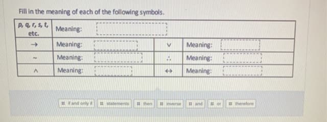 Fill in the meaning of each of the following symbols.
P, q, r, s, t,
etc.
➜>>
A
Meaning:
Meaning:
Meaning:
Meaning:
if and only
statements #then
V
A
←
inverse
Meaning:
Meaning:
Meaning:
and #or
#therefore