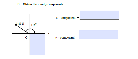 B. Obtain the x and y components :
x- component
3.85 N
116°
y- component
