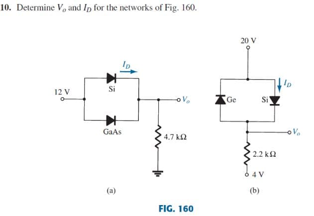 10. Determine V, and Ip for the networks of Fig. 160.
20 V
ID
Si
12 V
oVo
Ge
Si
GaAs
4.7 k2
2.2 k2
4 V
(a)
(b)
FIG. 160
